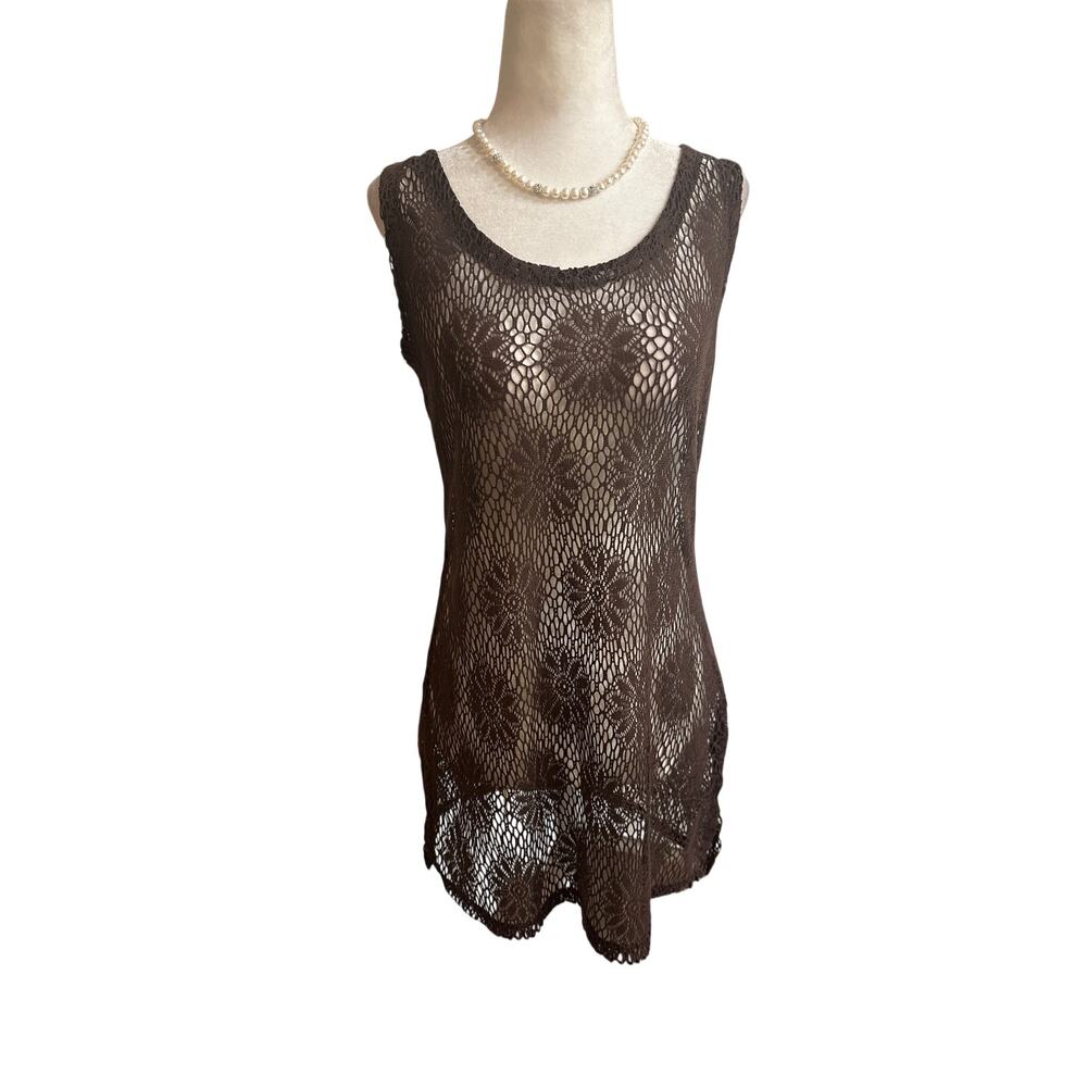 Sonoma LifeStyle Brown Floral Crochet Sheer Tank Dress Swimsuit Coverup - Small